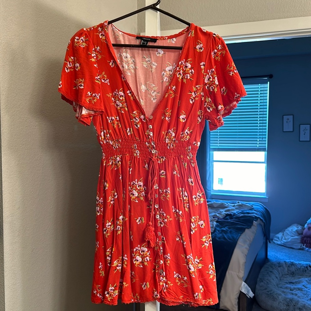 Red Floral Mini Dress - Size L
